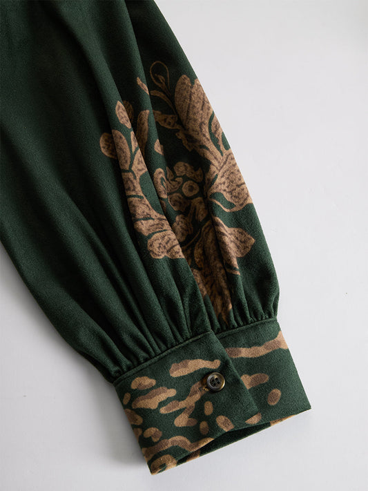 Retro Faux Suede Tassel Maxi Dress V-Neck Printed Green