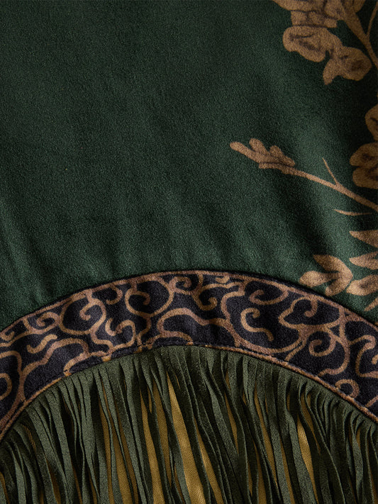 Retro Faux Suede Tassel Maxi Dress V-Neck Printed Green