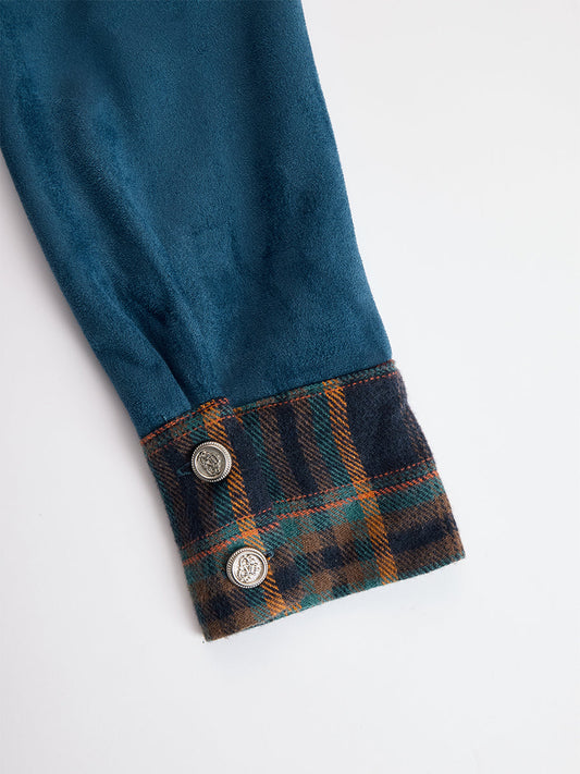 Retro Ethnic Belted Blue Faux Suede Plaid Maxi Dress