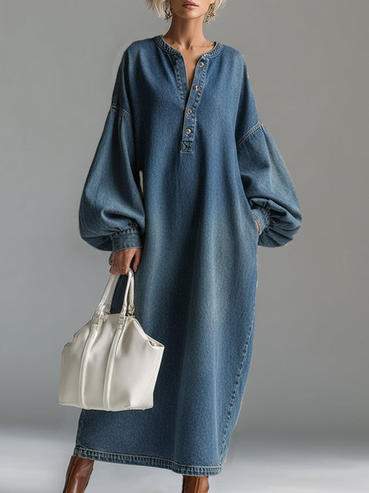 GY Denim Button-Down Maxi Dress Relaxed Fit Blue
