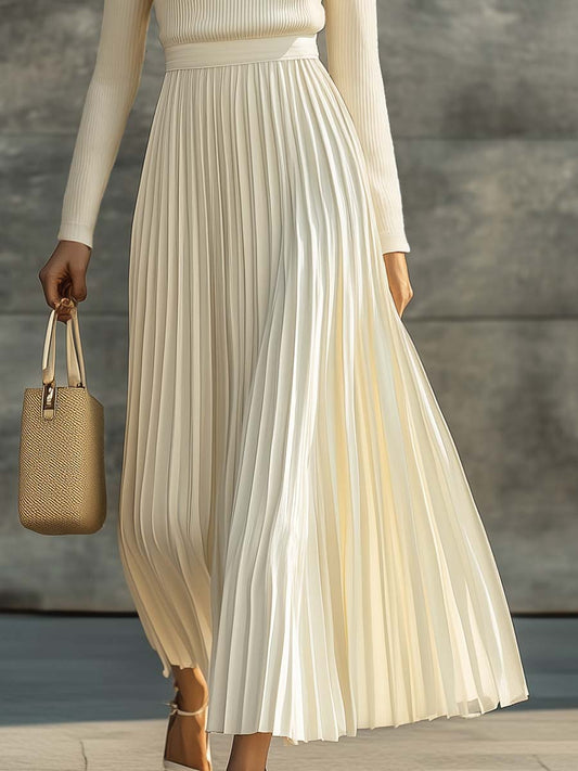 CSS Knitted Satin Pleated Hem Long Sleeve Maxi Dress