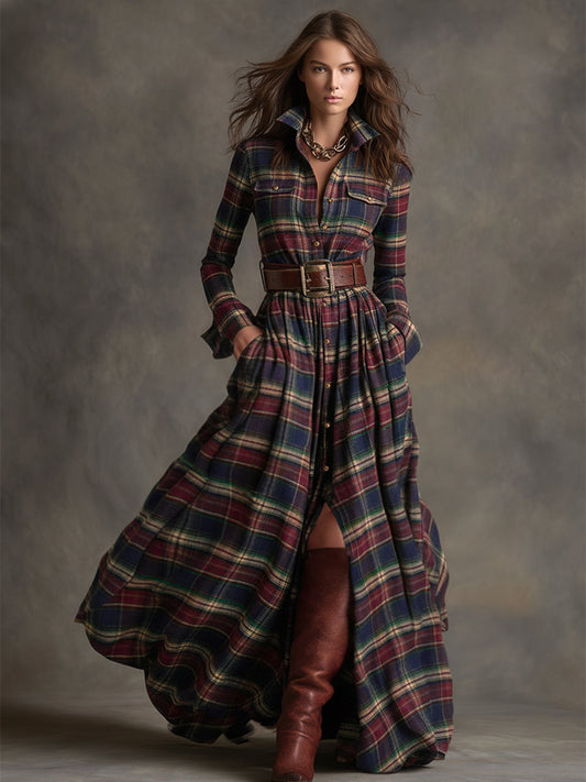 GY Retro Ethnic Lapel Plaid Long Sleeve Maxi Dress