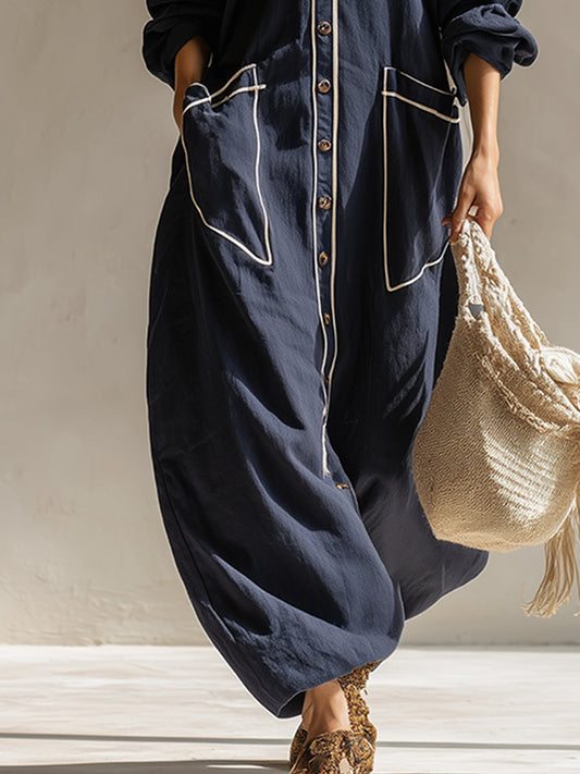 Cotton Linen Maxi Dress Navy Blue Urban Style Loose