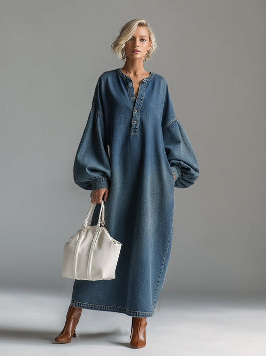 GY Denim Button-Down Maxi Dress Relaxed Fit Blue