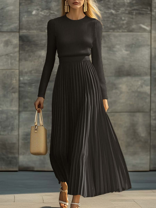 CSS Knitted Satin Pleated Hem Long Sleeve Maxi Dress