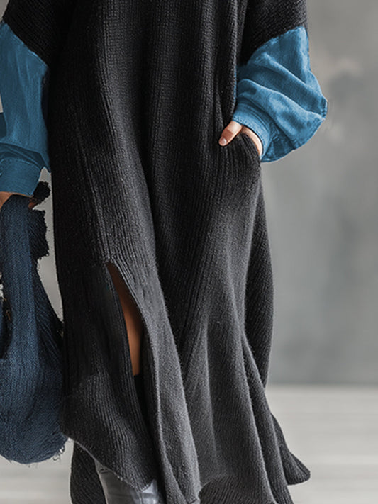 GY Knitted Denim Trim Maxi Dress Casual Black Long Sleeve