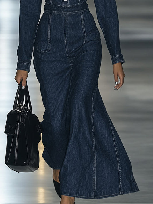 Oyrosy Vintage Lace-up Long Sleeve Denim Maxi Dress Blue