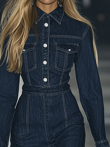 Oyrosy Vintage Lace-up Long Sleeve Denim Maxi Dress Blue