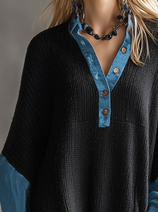 GY Knitted Denim Trim Maxi Dress Casual Black Long Sleeve