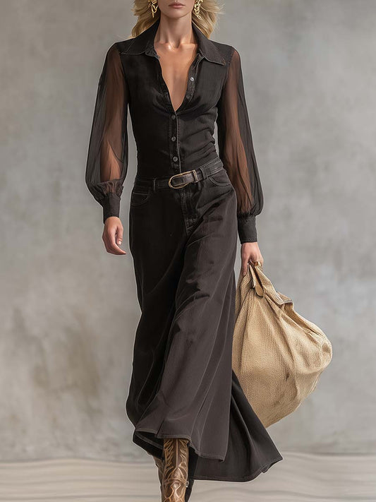 CSS Vintage Western Front Button V-Neck Black Denim Maxi Dress