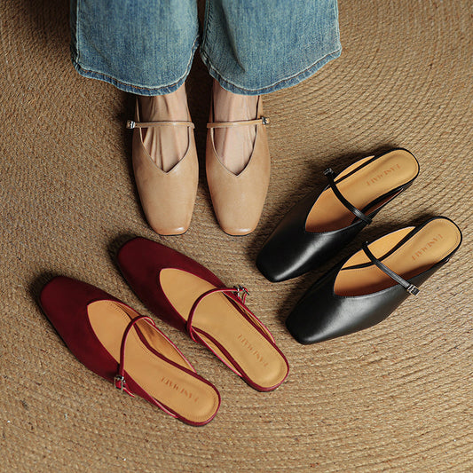 Amelier Women's Leather Mary Jane Mules Square Toe Apricot