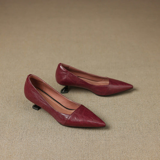 Amelier Women's Leather Pumps Pointed Toe Kitten Heel Maroon