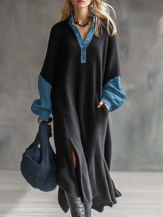 GY Knitted Denim Trim Maxi Dress Casual Black Long Sleeve