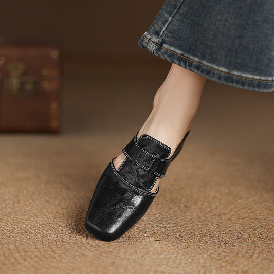 Amelier Women's Leather Mules Square Toe Block Heel Apricot
