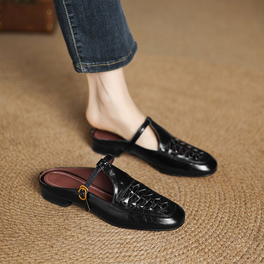 Amelier Women's Genuine Leather Woven Mules Slip-On Brown