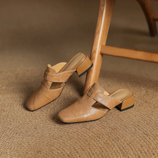 Amelier Women's Leather Mules Square Toe Block Heel Apricot
