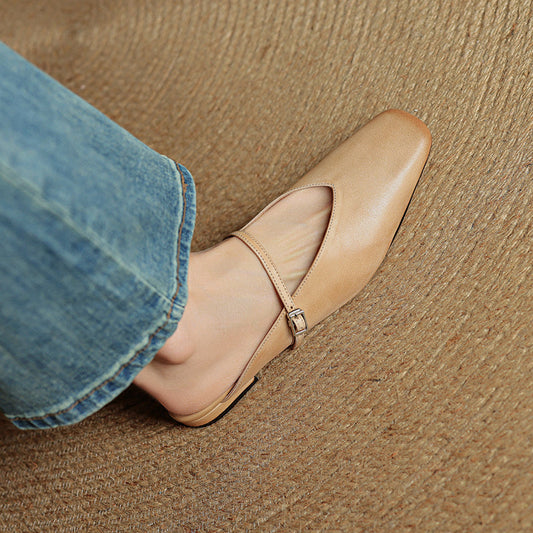 Amelier Women's Leather Mary Jane Mules Square Toe Apricot