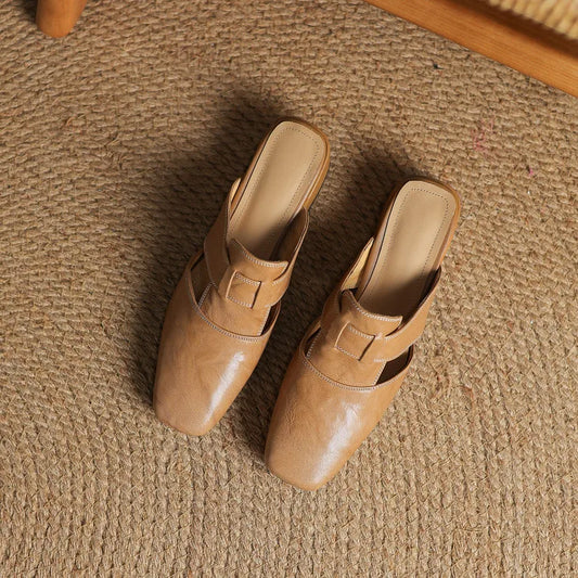 Amelier Women's Leather Mules Square Toe Block Heel Apricot