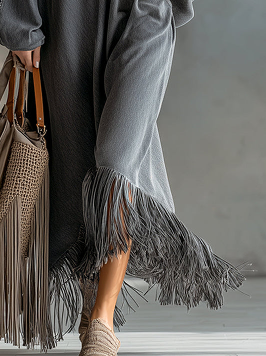 Grey Denim Tassel Long Sleeve Maxi Dress Relaxed Fit
