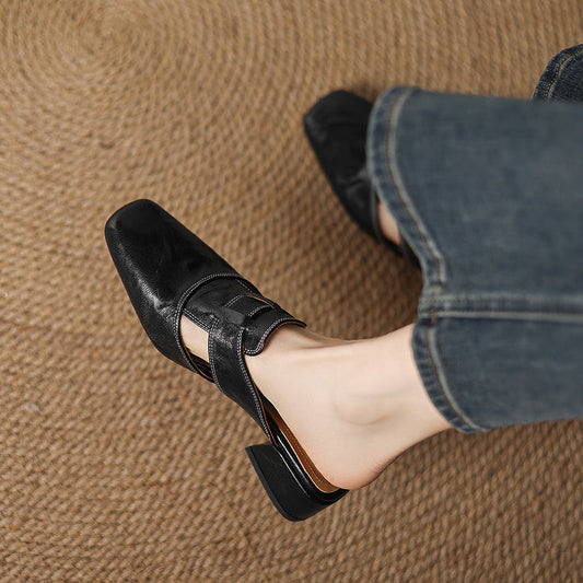 Amelier Women's Leather Mules Square Toe Block Heel Apricot