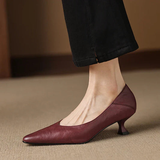 Amelier Women's Leather Pumps Pointed Toe Kitten Heel