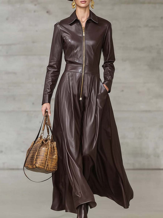 CSS Faux Leather Maxi Dress Front Zipper Long Sleeve Brown