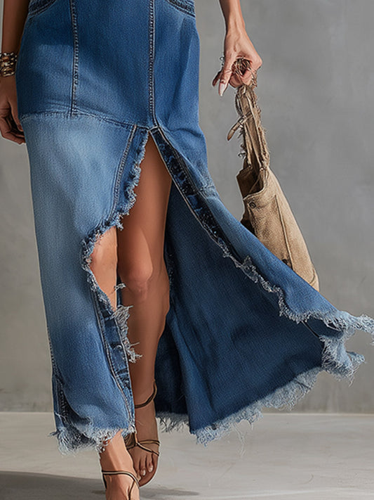 Blue V-Neck Denim Maxi Dress with Frayed Hem and Slit