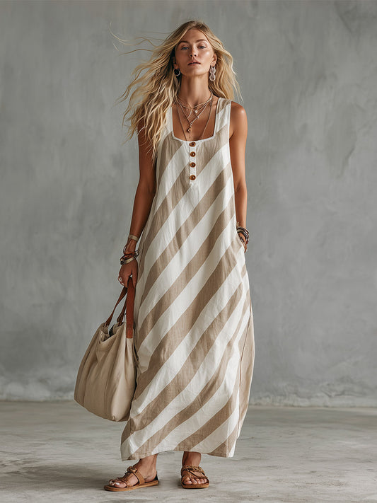 Retro Casual Beige Diagonal Stripe Square-Neck Cotton-Linen Maxi Dress