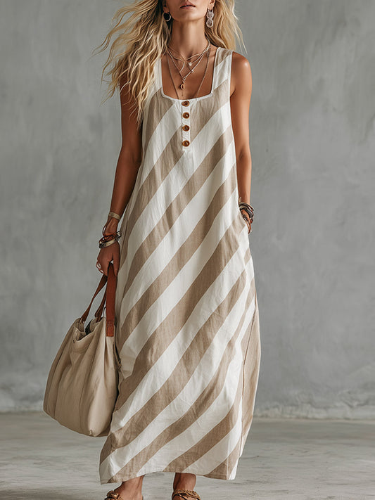Retro Casual Beige Diagonal Stripe Square-Neck Cotton-Linen Maxi Dress