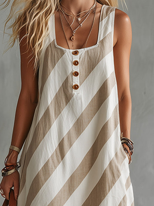 Retro Casual Beige Diagonal Stripe Square-Neck Cotton-Linen Maxi Dress