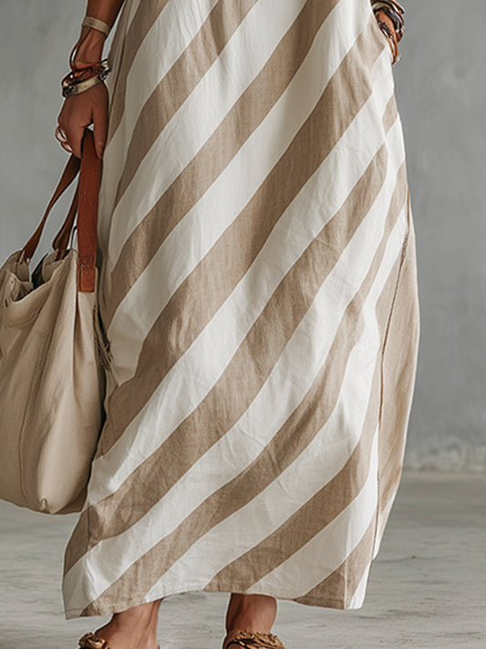 Retro Casual Beige Diagonal Stripe Square-Neck Cotton-Linen Maxi Dress