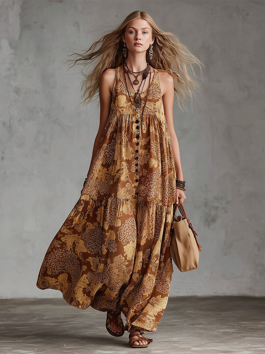 Retro Boho Floral Print Cotton-Linen Maxi Dress Brown