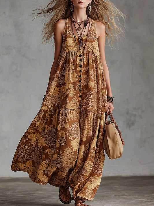 Retro Boho Floral Print Cotton-Linen Maxi Dress Brown