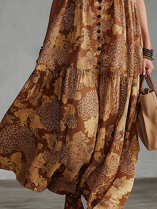 Retro Boho Floral Print Cotton-Linen Maxi Dress Brown