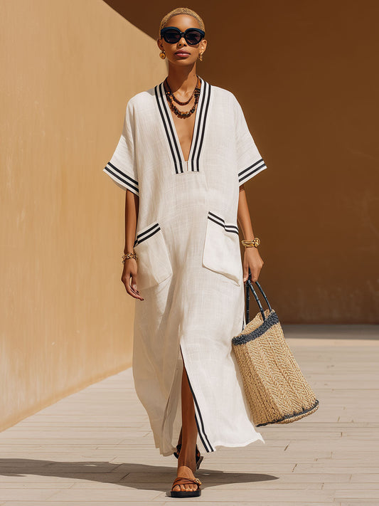 BXL Retro Striped Cotton Linen Maxi Dress Short Sleeve White