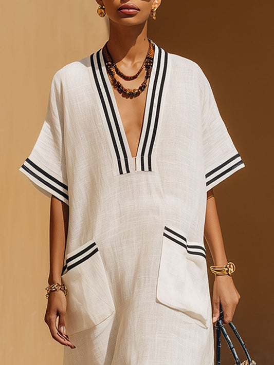 BXL Retro Striped Cotton Linen Maxi Dress Short Sleeve White
