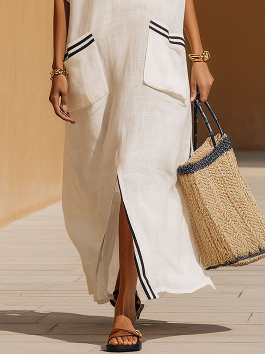 BXL Retro Striped Cotton Linen Maxi Dress Short Sleeve White
