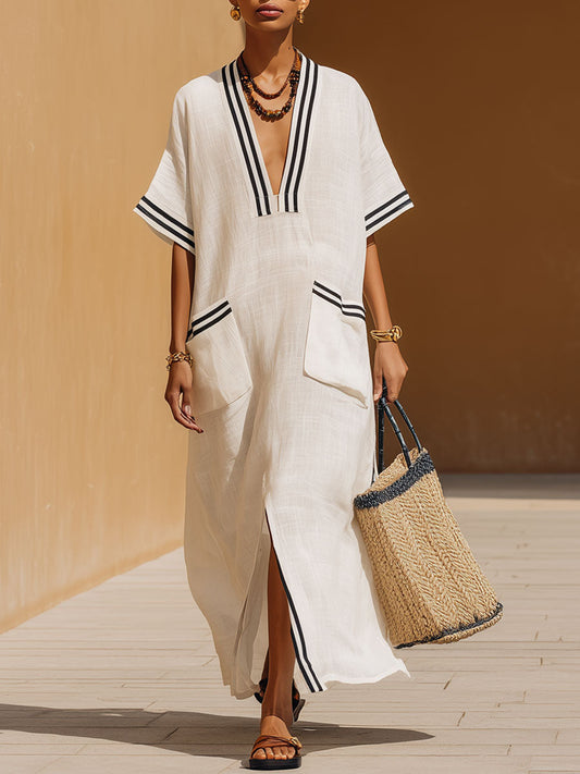 BXL Retro Striped Cotton Linen Maxi Dress Short Sleeve White