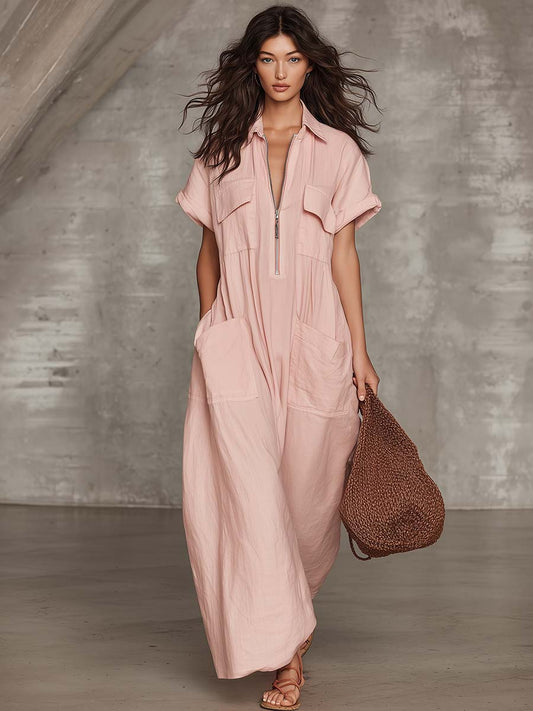 CSS Cotton-Linen Cargo Maxi Dress Lapel Front Zipper Light Pink
