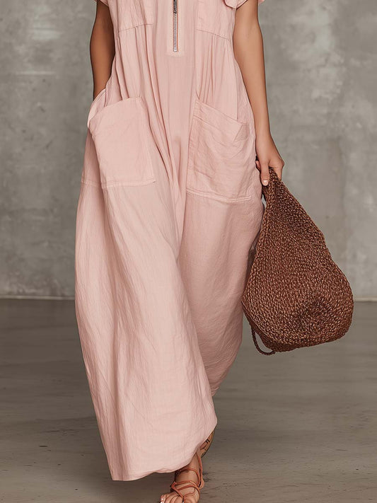 CSS Cotton-Linen Cargo Maxi Dress Lapel Front Zipper Light Pink