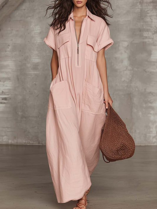 CSS Cotton-Linen Cargo Maxi Dress Lapel Front Zipper Light Pink