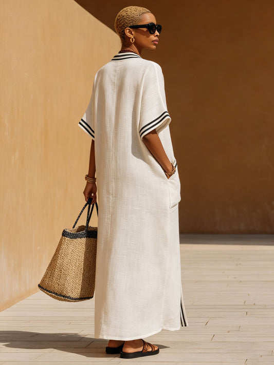 BXL Retro Striped Cotton Linen Maxi Dress Short Sleeve White