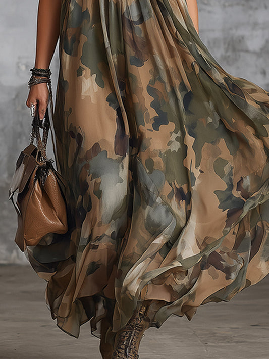 Green Camouflage Chiffon Halter-neck Maxi Dress for Summer Occasions