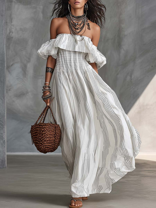 CSS Off-the-Shoulder Pinstripe Maxi Dress White Lightweight Flowy