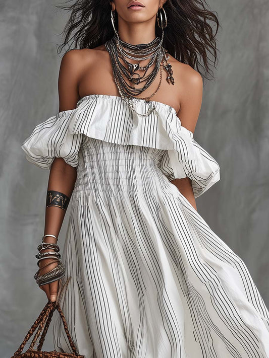 CSS Off-the-Shoulder Pinstripe Maxi Dress White Lightweight Flowy