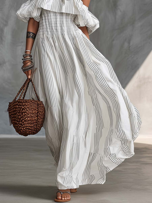 CSS Off-the-Shoulder Pinstripe Maxi Dress White Lightweight Flowy
