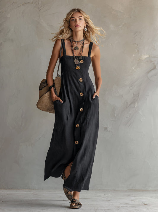 Spaghetti-Strap Cotton-Linen Maxi Dress Square Neckline Black