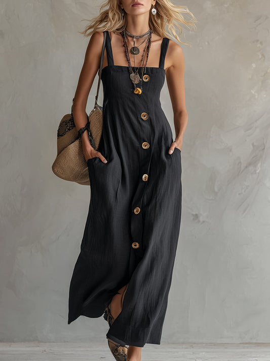 Spaghetti-Strap Cotton-Linen Maxi Dress Square Neckline Black