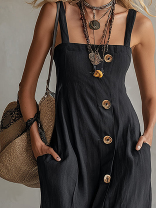Spaghetti-Strap Cotton-Linen Maxi Dress Square Neckline Black