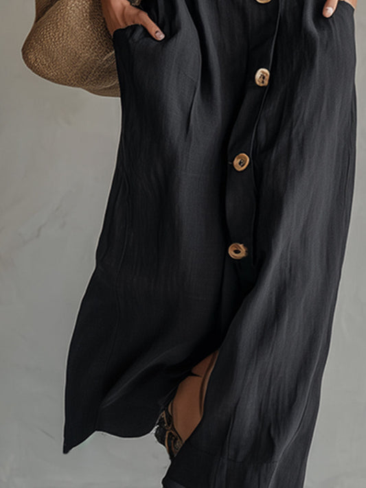 Spaghetti-Strap Cotton-Linen Maxi Dress Square Neckline Black